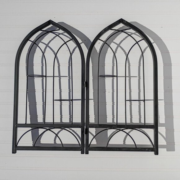 Cathedral Window Votive Candle Holders Gothic Black Wrought Iron Pair Arched Vtg - Picture 5 of 16